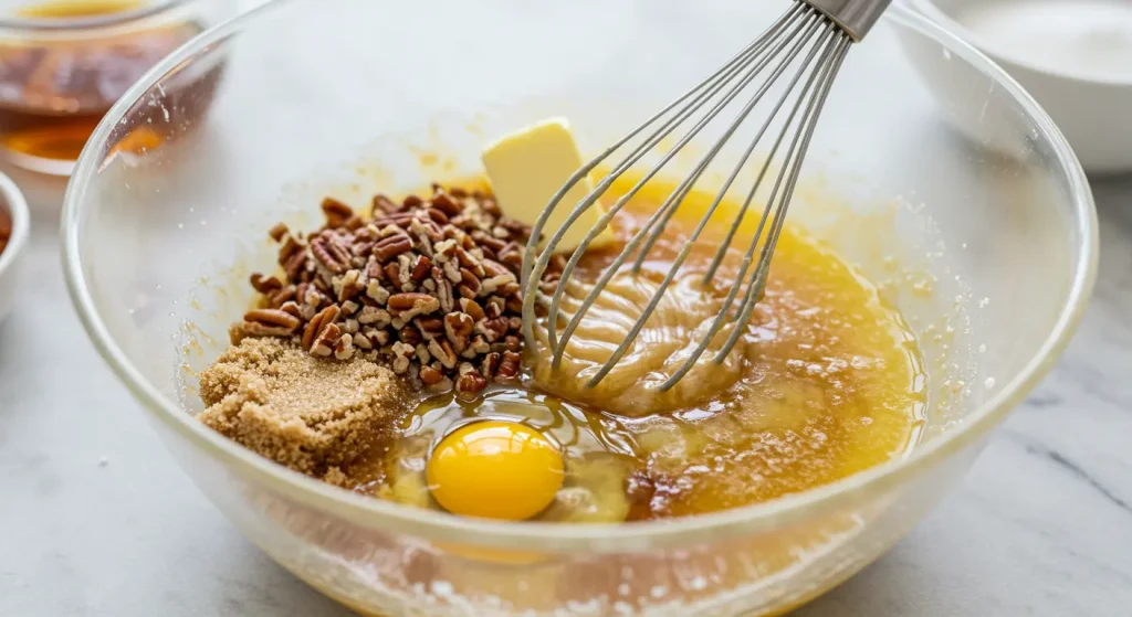 A bowl of whisked brown sugar, maple syrup, melted butter, egg, vanilla extract, and salt, with chopped pecans being stirred in.