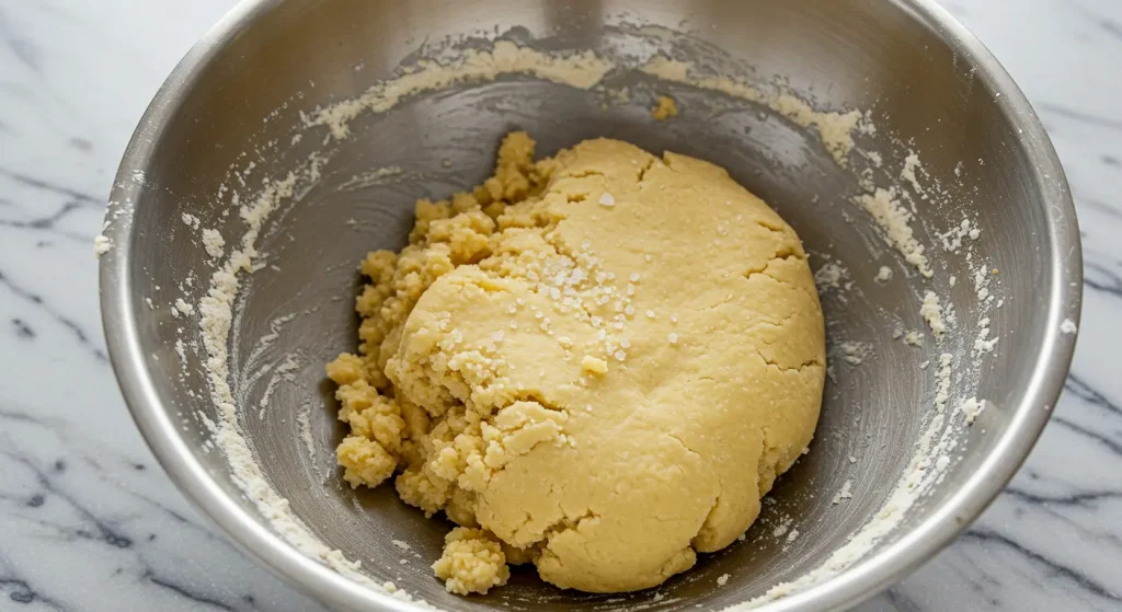 A bowl of flour and salt with cold cubed butter being cut in, and ice water added to form a dough, with a wrapped dough disk ready for refrigeration.