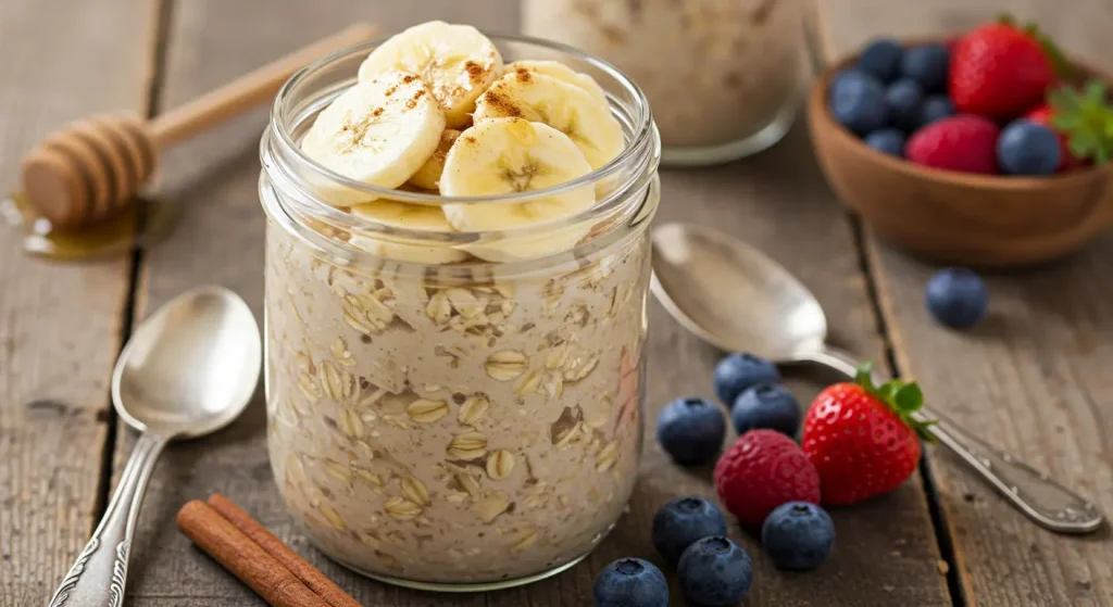 Overnight oats in a glass jar with bananas and honey.
