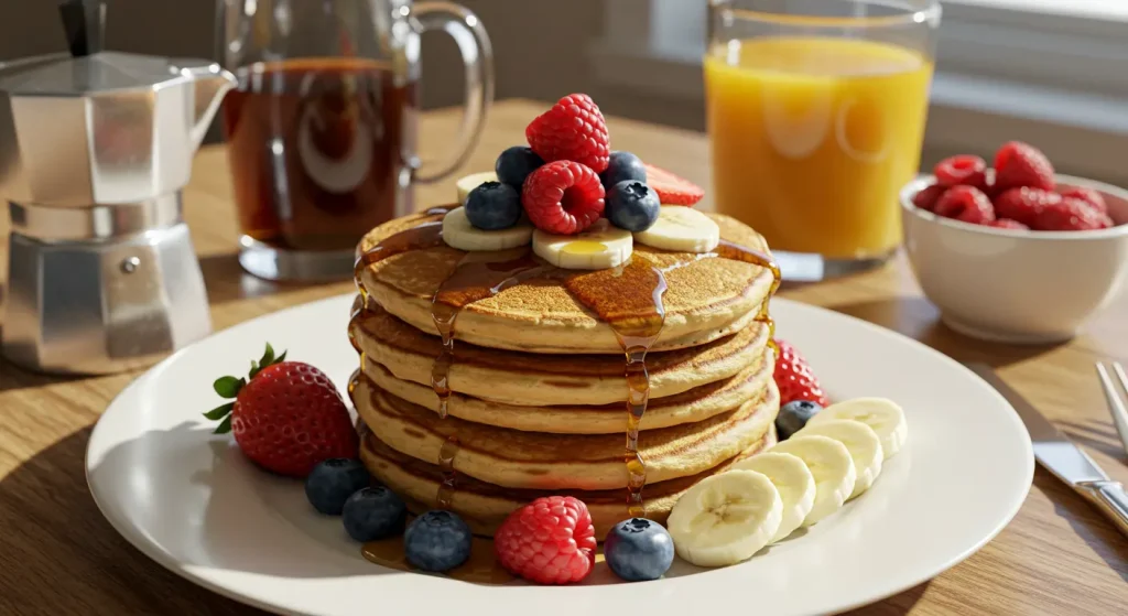 A photorealistic image of pancakes topped with fresh berries and banana slices.