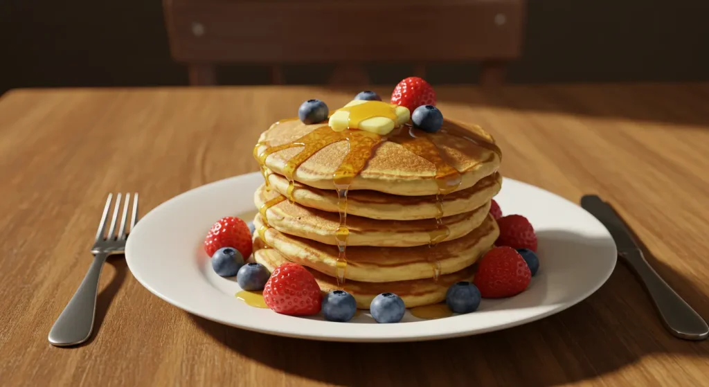 Stack of fluffy pancakes with butter and syrup.