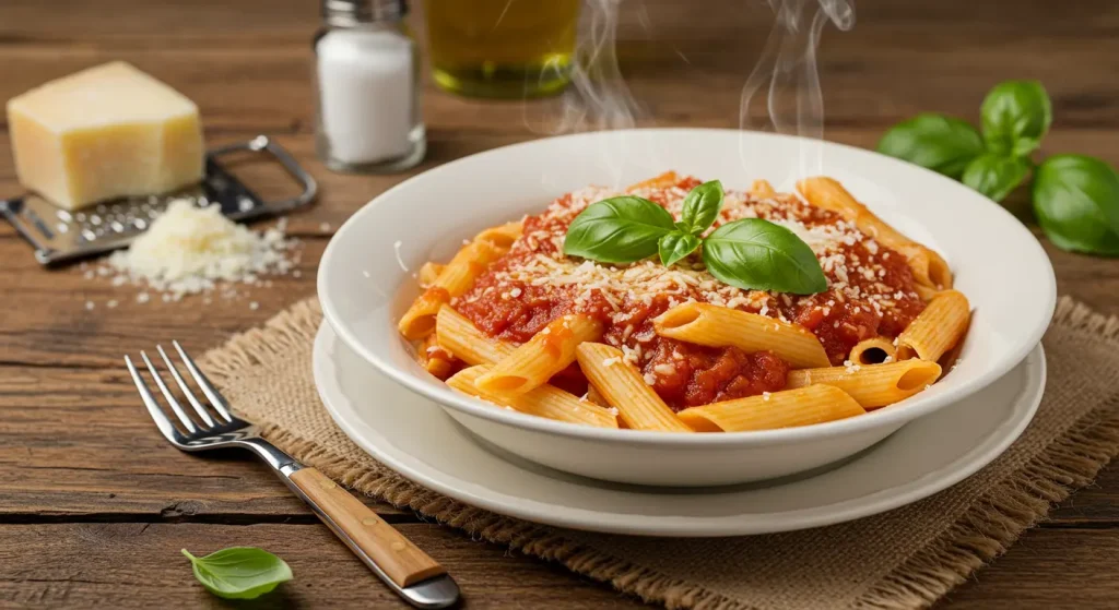 A photorealistic image of pasta with marinara sauce, topped with Parmesan cheese and basil