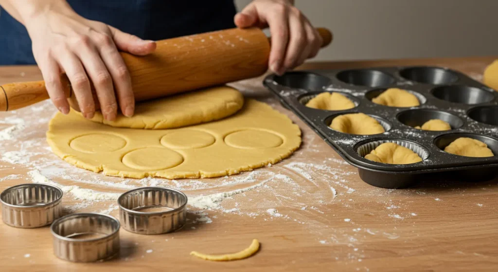 Rolled-out dough being cut into circles and pressed into a muffin tin to form tart shells.
