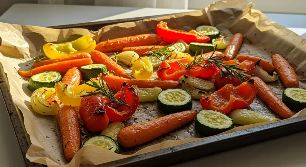 Tray of roasted vegetables with herbs for 10 affordable side dishes to pair with any meal