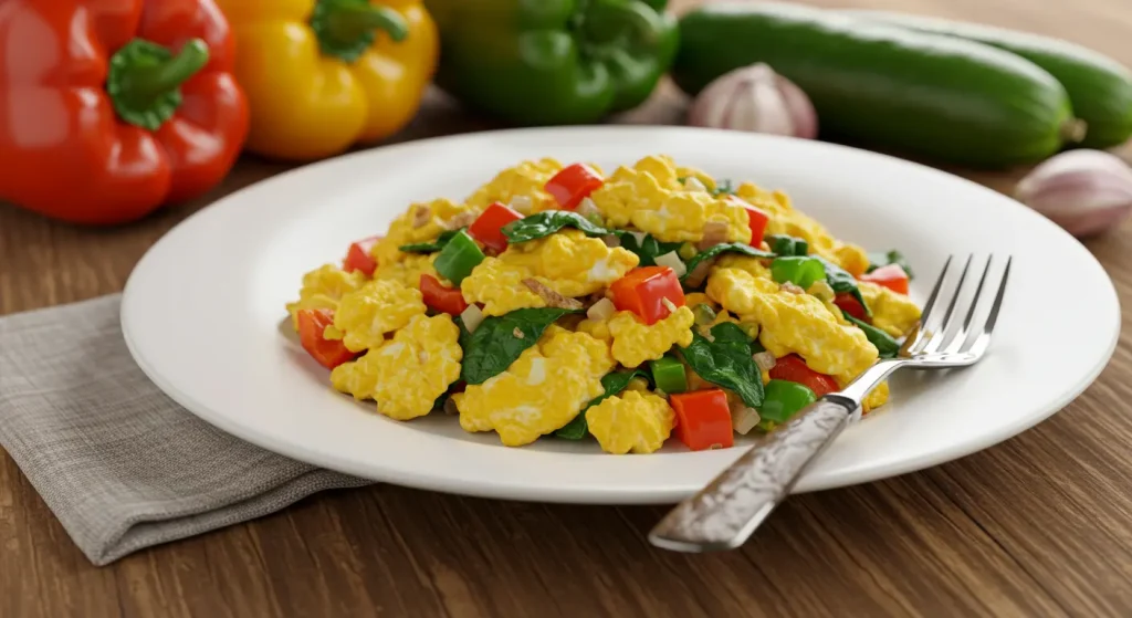 Scrambled eggs mixed with sautéed vegetables.