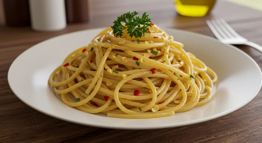 A photorealistic image of spaghetti aglio e olio, with golden strands of pasta glistening in olive oil.