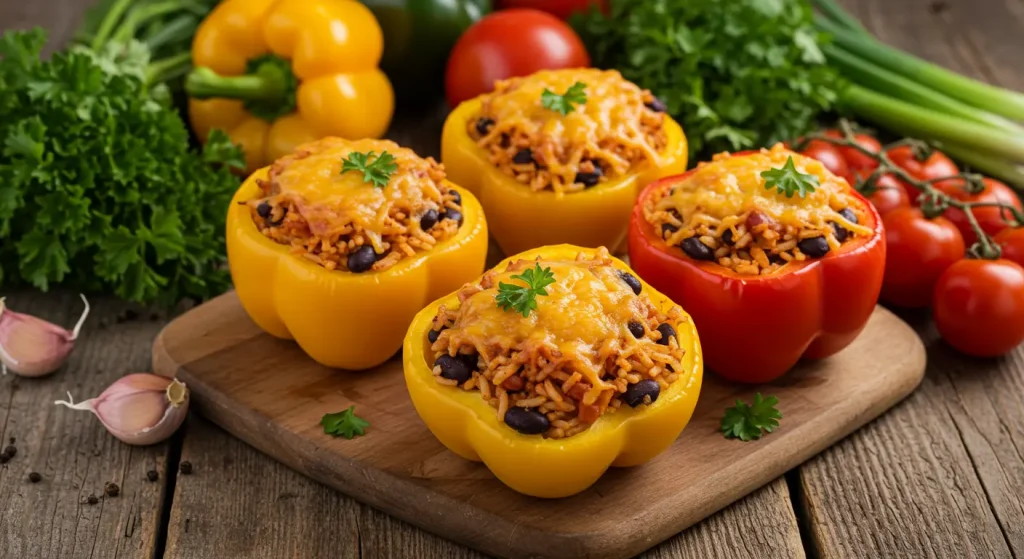A photorealistic image of stuffed bell peppers with melted cheese and fresh herbs.