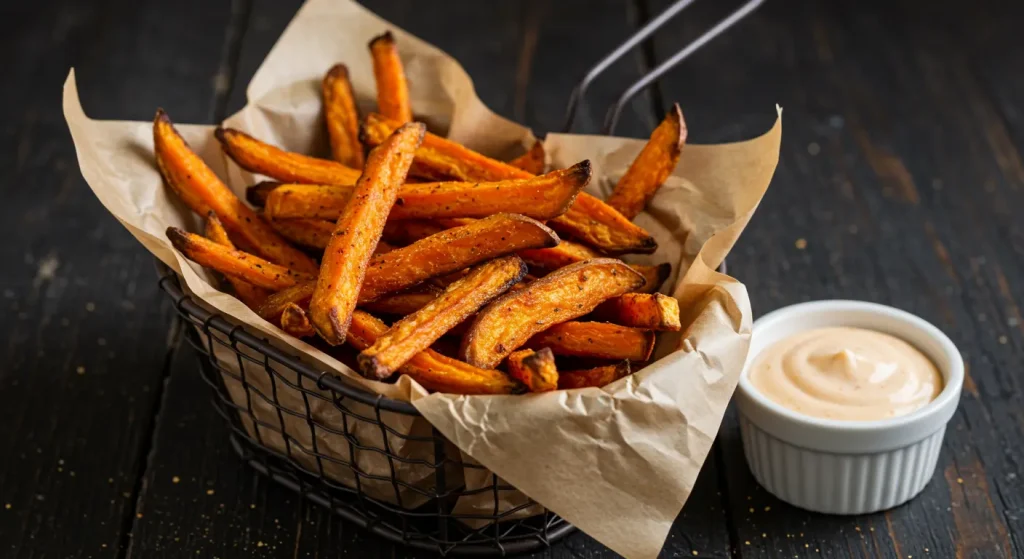 Crispy sweet potato fries in a basket
