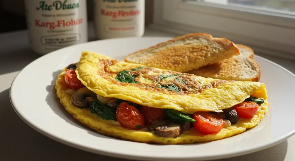 A photorealistic image of a vegetable omelette with melted cheese and fresh herbs.