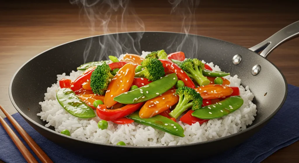 A photorealistic image of a vibrant vegetable stir-fry served over fluffy white rice.