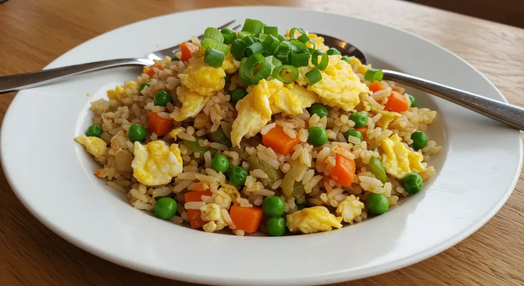 A photorealistic image of veggie fried rice with mixed vegetables and eggs.