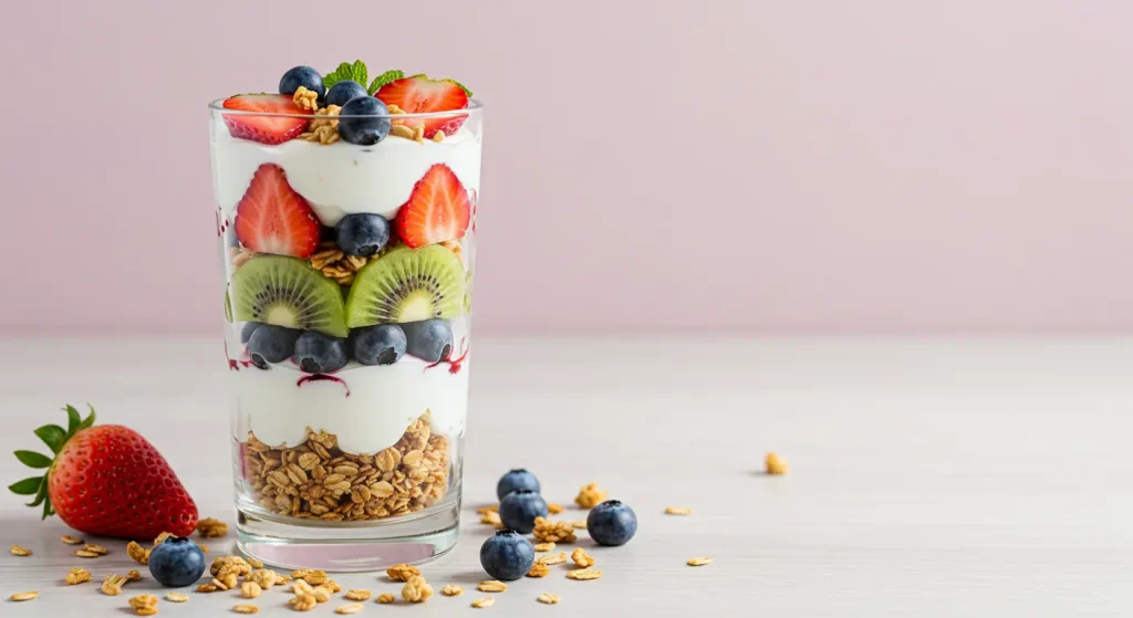 Layered yogurt parfait with granola and fruit.