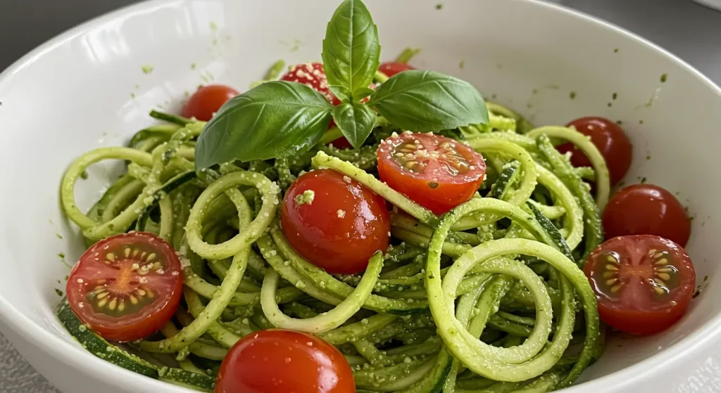 Zucchini Noodles with Pesto and Cherry Tomatoes