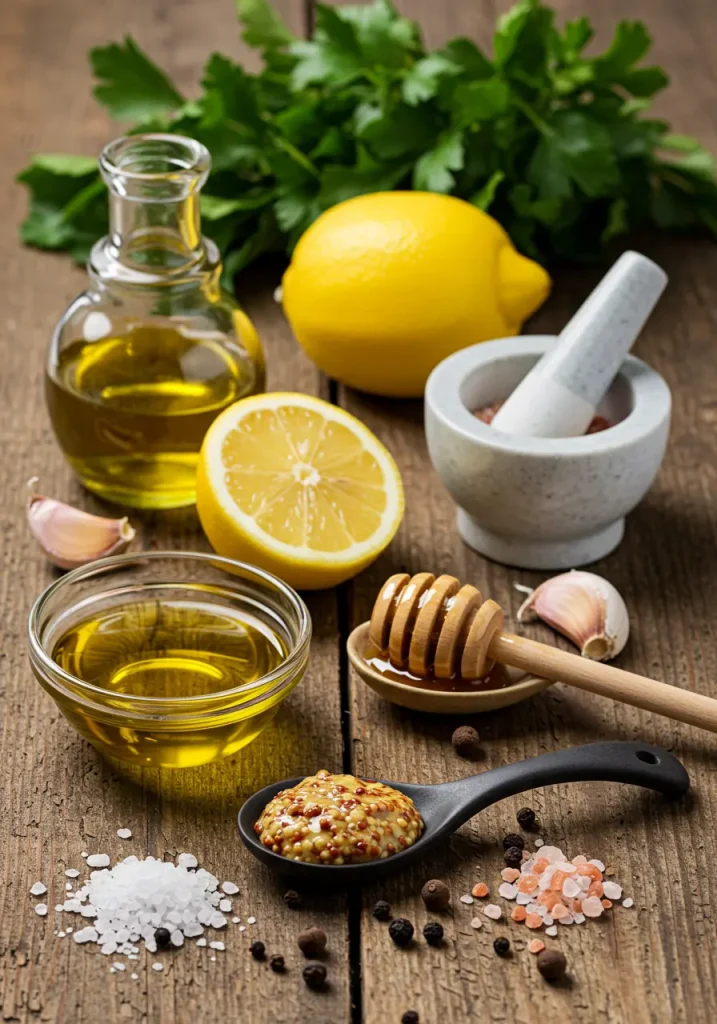 Flat lay of ingredients for homemade honey lemon vinaigrette: fresh lemons, olive oil bottle, raw honey dipper, garlic bulb, Dijon mustard, pink salt, and black pepper arranged on rustic wood surface with natural lighting