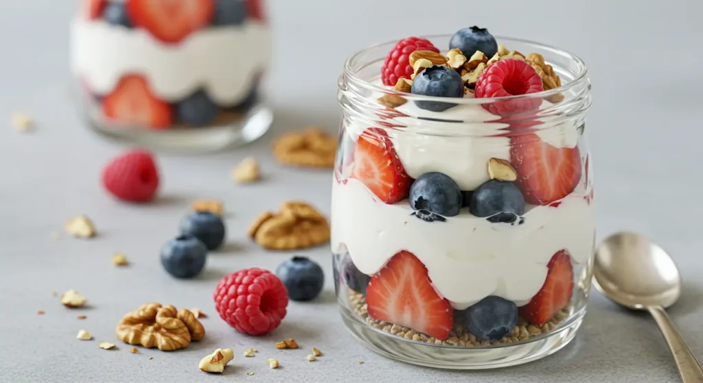 Glass jar of Greek yogurt parfait for gestational diabetes with layers of white yogurt, red and blue berries, chopped nuts, and chia seeds. Topped with cinnamon sprinkle, rustic wood background great for Recipes to Stabilize Blood Sugar