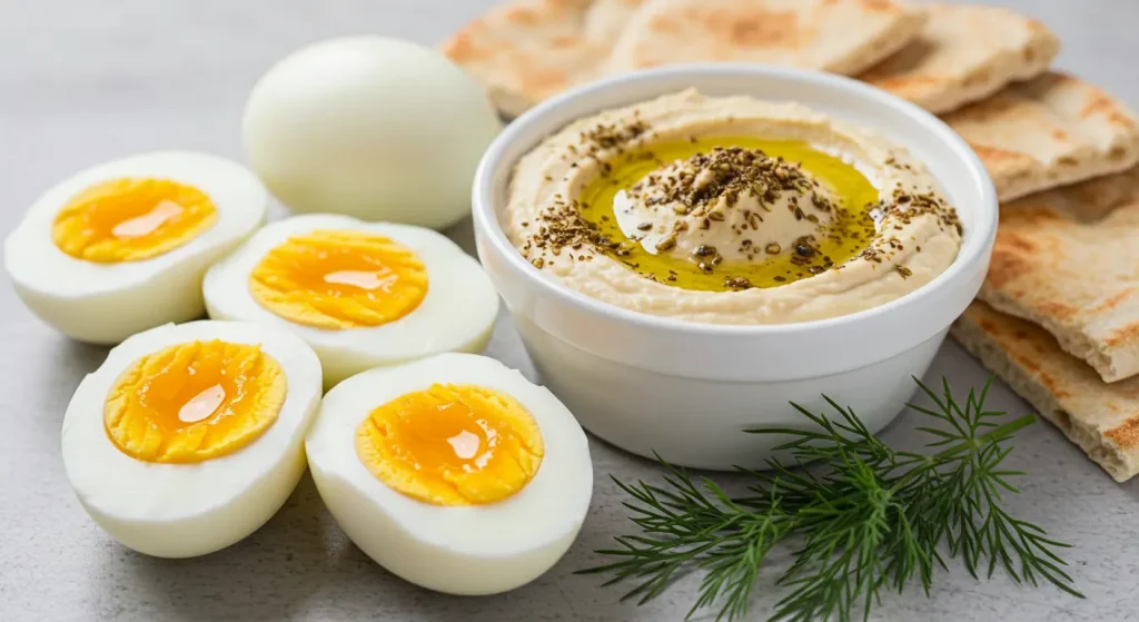 Two halved hard-boiled eggs arranged around a small bowl of creamy hummus on a slate board. Garnished with paprika and fresh parsley, with cucumber slices on the side.