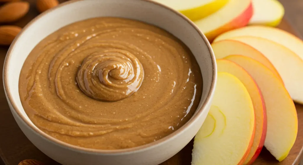 Fresh red apple slices fanned around a small bowl of creamy almond butter on a rustic wood board. Light drizzle of almond butter on apple slices with cinnamon sprinkle