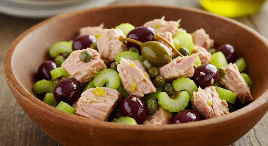 Colorful tuna salad bowl with flaked tuna, diced cucumbers, cherry tomatoes, and kalamata olives. Served over mixed greens with lemon wedges and olive oil drizzle.