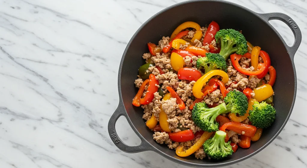 Sizzling stir-fry with lean ground turkey, broccoli florets, and bell peppers in a wok. Garnished with sesame seeds and green onions, steam rising from the dish