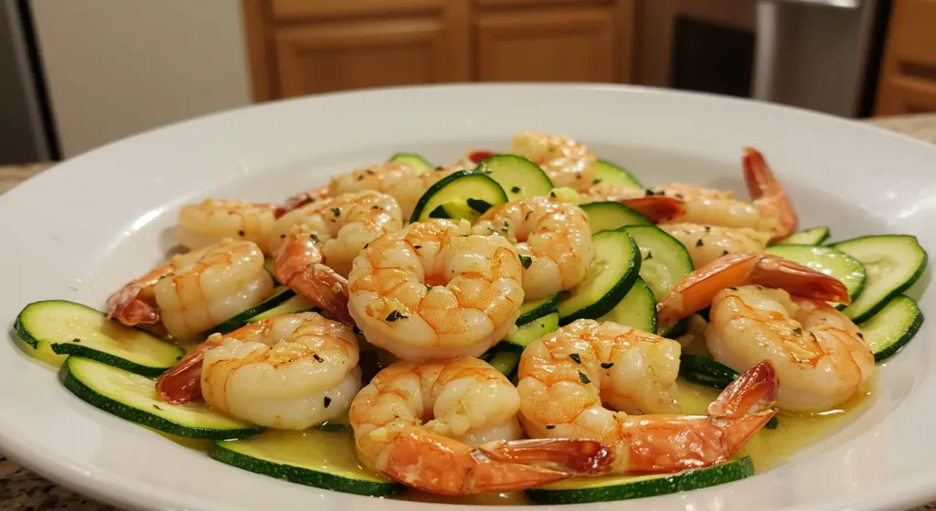 Sautéed jumbo shrimp with golden garlic slices and spiralized zucchini noodles in creamy butter sauce. Garnished with parsley and lemon wedges on white plate.