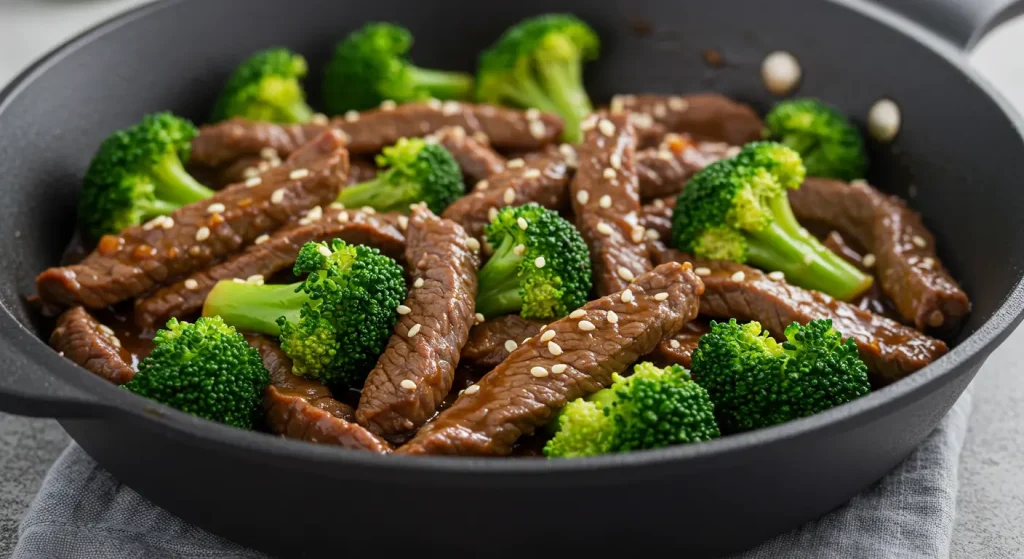 Sizzling cast iron skillet with tender beef strips and crisp broccoli florets in glossy sauce. Garnished with sesame seeds and sliced green onions on dark background.