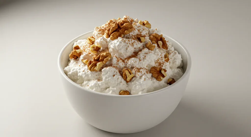 White bowl of creamy cottage cheese topped with cinnamon-dusted walnuts and a light honey drizzle. Fresh blueberries scattered around the bowl on a marble countertop.