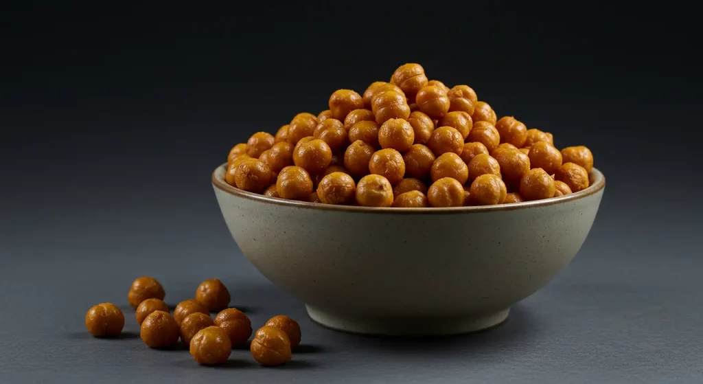 Golden-brown roasted chickpeas in a white bowl, some slightly split open to show crispy interiors. Sprinkled with paprika and sea salt, with rosemary sprig garnish on wooden table