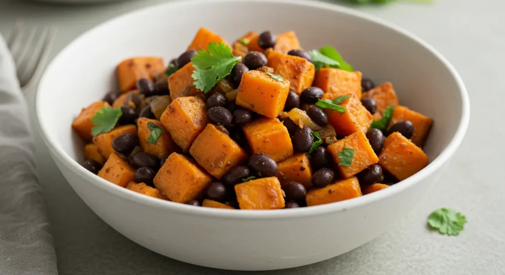 Skillet with cubed sweet potatoes and black beans sautéed with onions and peppers. Topped with a perfectly fried egg and avocado slices, garnished with cilantro.