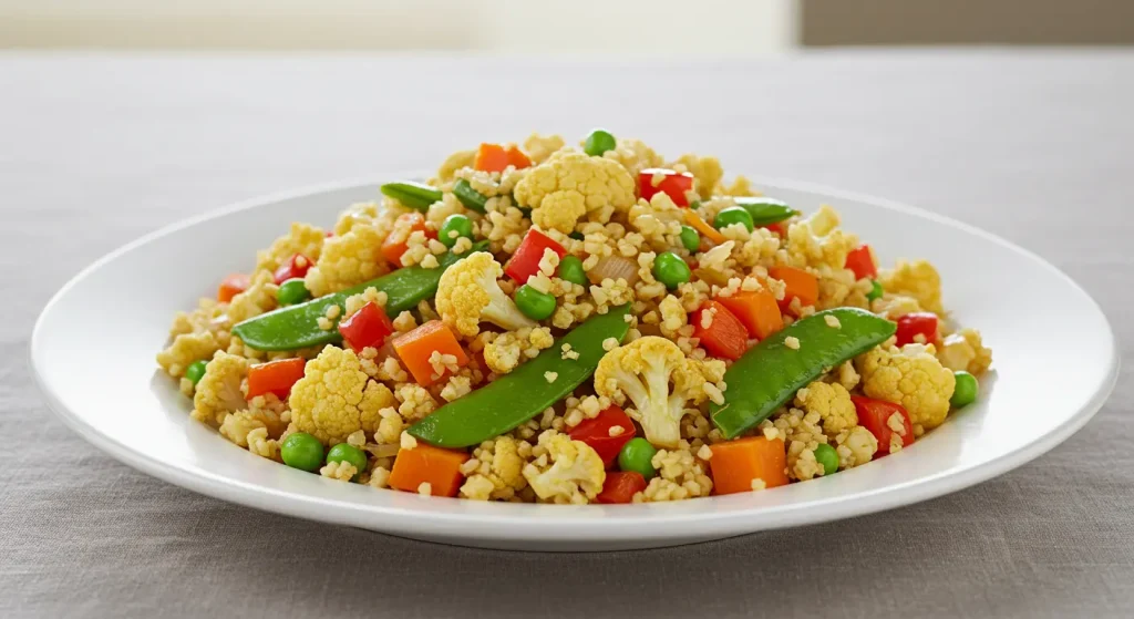 Wok-tossed cauliflower rice with peas, carrots, scrambled egg, and green onions. Steam rising from the dish with chopsticks resting on the bowl's edge.