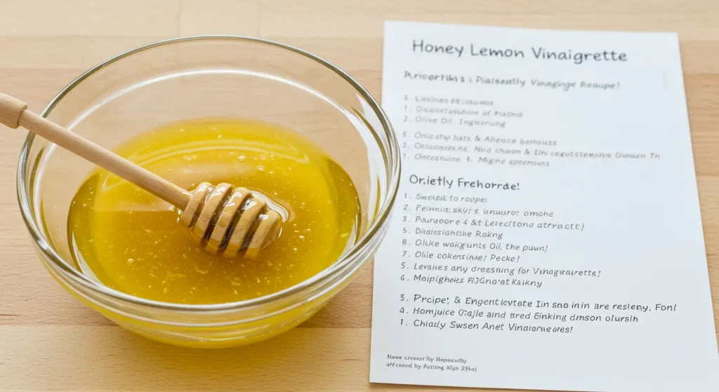 Stylish flat lay of honey lemon vinaigrette in a glass jar beside a handwritten recipe card, surrounded by fresh lemons, olive oil, garlic, and herbs on a rustic wood table with natural lighting