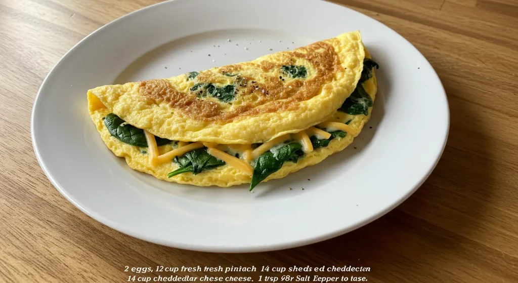 Golden spinach and cheese omelet on a white plate, showing melted cheddar and green spinach leaves. Rustic kitchen background with cooking utensils