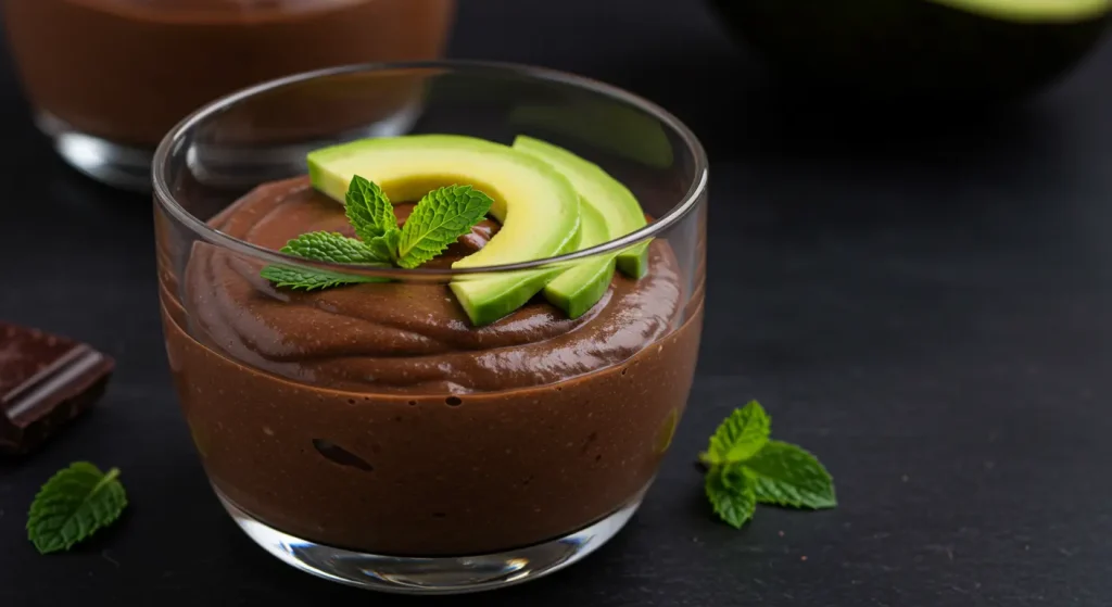 Creamy chocolate mousse in a glass dessert cup topped with fresh raspberries and mint leaves. Dusting of cocoa powder visible, with avocado halves in the background