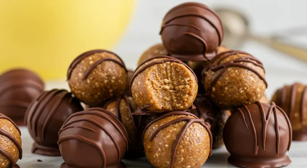 Twelve bite-sized protein balls on parchment paper, showing textured surface from oats and chia seeds. Some sliced open to reveal interior, with natural peanut butter jar in background.