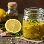Glass jar of golden honey lemon vinaigrette surrounded by fresh lemons, olive oil, garlic, and herbs on a rustic wooden table, with sunlight glistening on condensation droplets