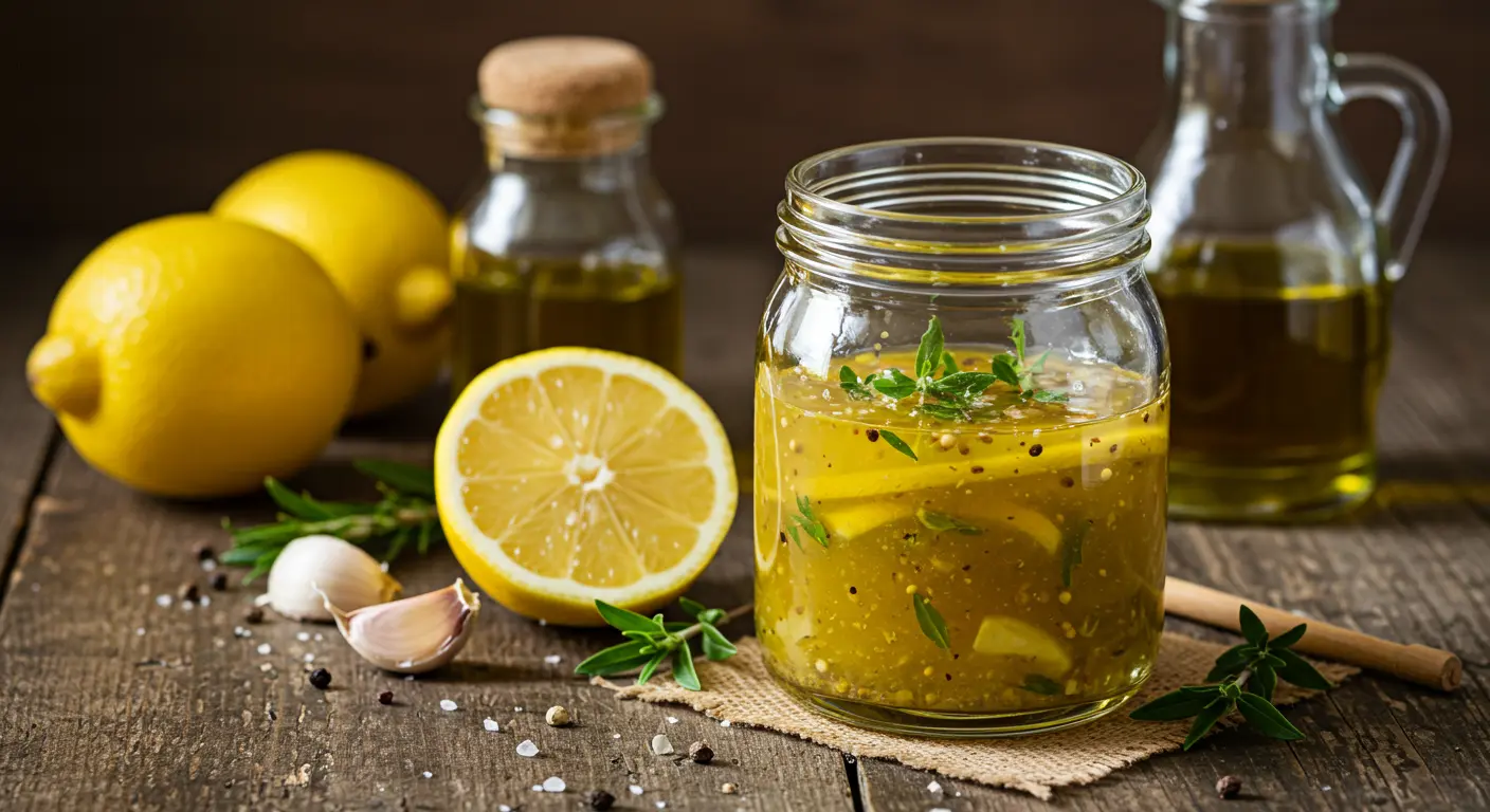 Glass jar of golden honey lemon vinaigrette surrounded by fresh lemons, olive oil, garlic, and herbs on a rustic wooden table, with sunlight glistening on condensation droplets