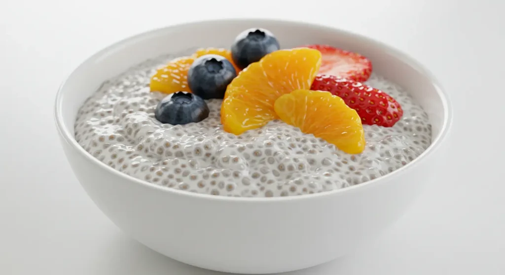 Glass jar of creamy chia pudding layered with dark chia seeds and white almond milk, topped with mixed berries and cinnamon sprinkle. Wooden table background with spoon