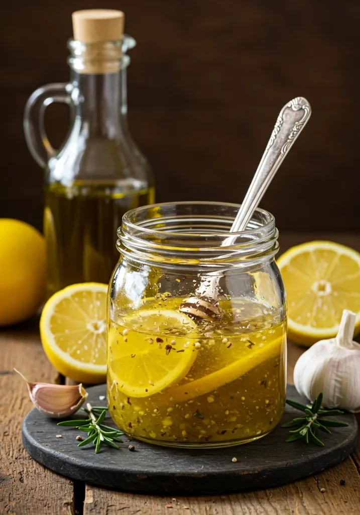 Stylish overhead shot of homemade honey lemon vinaigrette in a glass mason jar beside a handwritten recipe card, surrounded by fresh lemons, olive oil, garlic cloves, and herbs on a rustic wooden table with natural sunlight