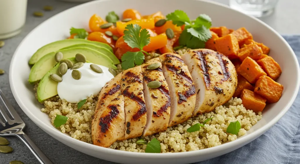 Overhead view of a nourishing bowl with grilled chicken slices, fluffy quinoa, roasted zucchini and bell peppers, drizzled with olive oil. Rustic wooden table setting with fresh herbs