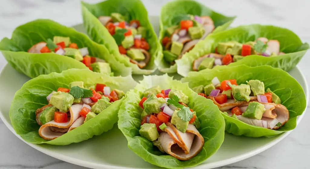 Three crisp lettuce wraps filled with sliced turkey, avocado, and shredded carrots on a wooden board. Garnished with lime wedges and fresh herbs.