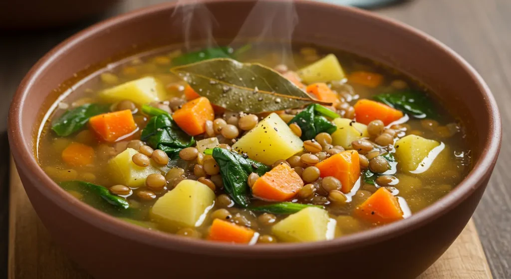 Steaming bowl of thick lentil soup with visible carrots, celery, and lentils in a rustic ceramic bowl. Garnished with fresh parsley and served with whole grain bread on the side
