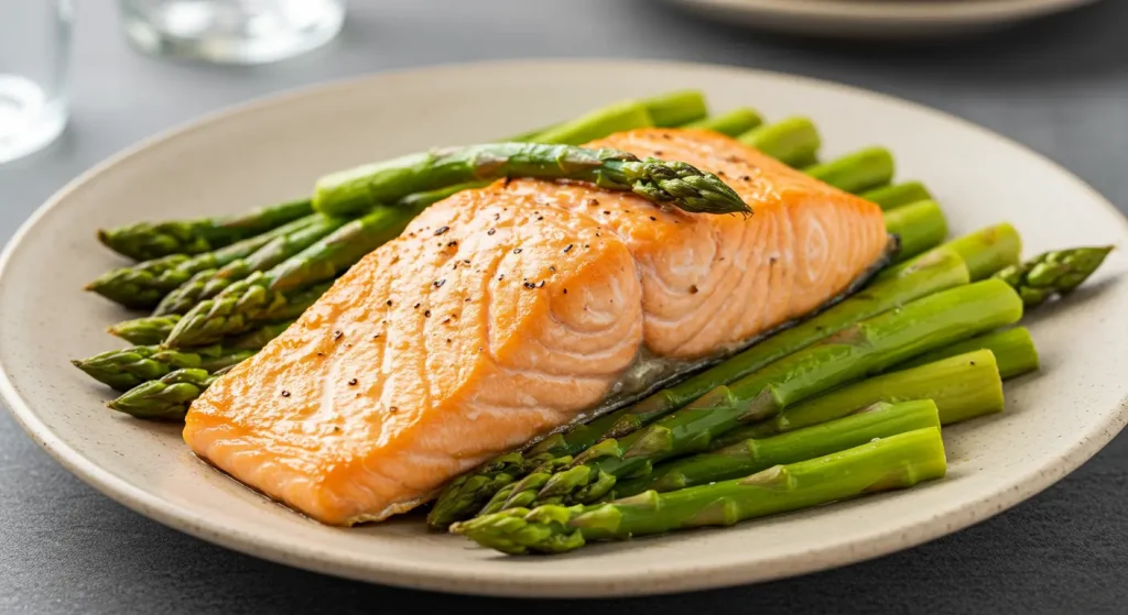 Flaky baked salmon fillet with crispy roasted asparagus spears on a white platter. Garnished with lemon slices and fresh dill, with olive oil drizzle visible.