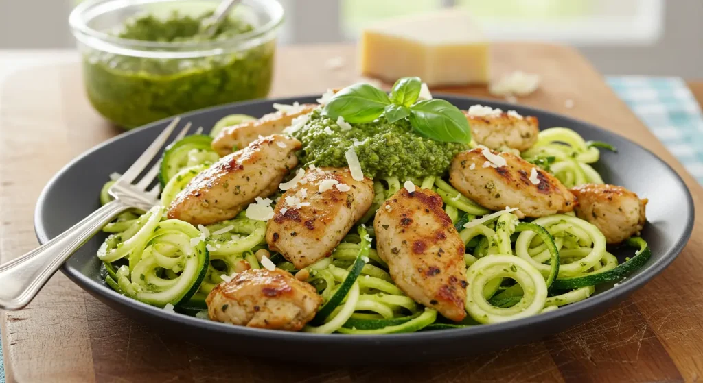 Spiralized zucchini noodles tossed in vibrant green pesto with sliced grilled chicken breast, topped with pine nuts and parmesan shavings. Served in a white bowl with fresh basil garnish