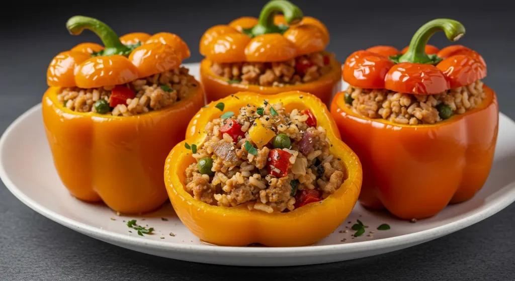 Colorful bell pepper halves stuffed with savory ground turkey and quinoa filling, topped with melted cheese. Baking dish shows roasted edges with fresh parsley garnish