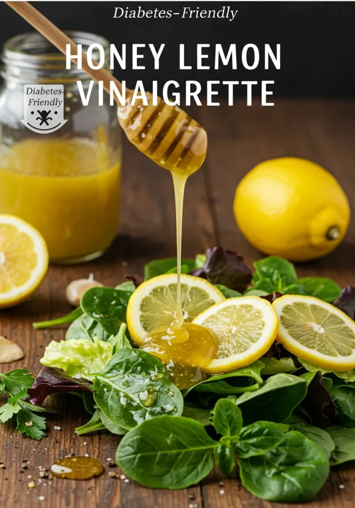 Stylish flat lay of honey lemon vinaigrette in a glass jar beside a handwritten recipe card, surrounded by fresh lemons, olive oil, garlic, and herbs on a rustic wood table with natural lighting
