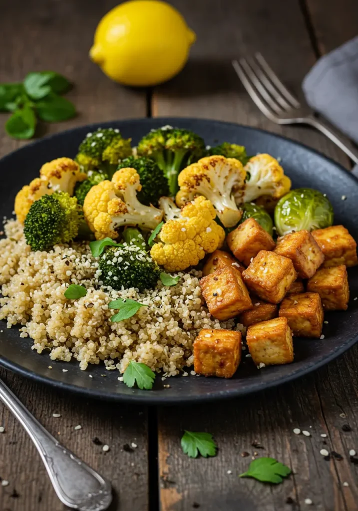 A nourishing power bowl featuring fluffy quinoa, golden roasted broccoli and cauliflower, crispy baked tofu cubes, and hemp seeds, drizzled with honey lemon vinaigrette. Shot overhead on a dark slate plate with fresh herbs and rustic wood background.