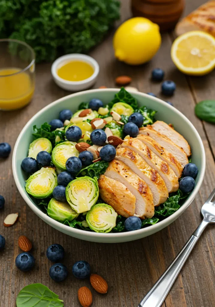 Vibrant superfood salad bowl with massaged kale, shaved Brussels sprouts, grilled chicken, blueberries, and slivered almonds, drizzled with honey lemon vinaigrette. Rustic wood background, fresh ingredients scattered around, macro food photography style.