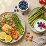 Nutritious gestational diabetes to Recipes to Stabilize Blood Sugar meal with grilled salmon, quinoa, asparagus, yogurt with berries, and salad arranged on a rustic table. Includes diabetes management items like a glucose monitor and fresh avocado for healthy fats.
