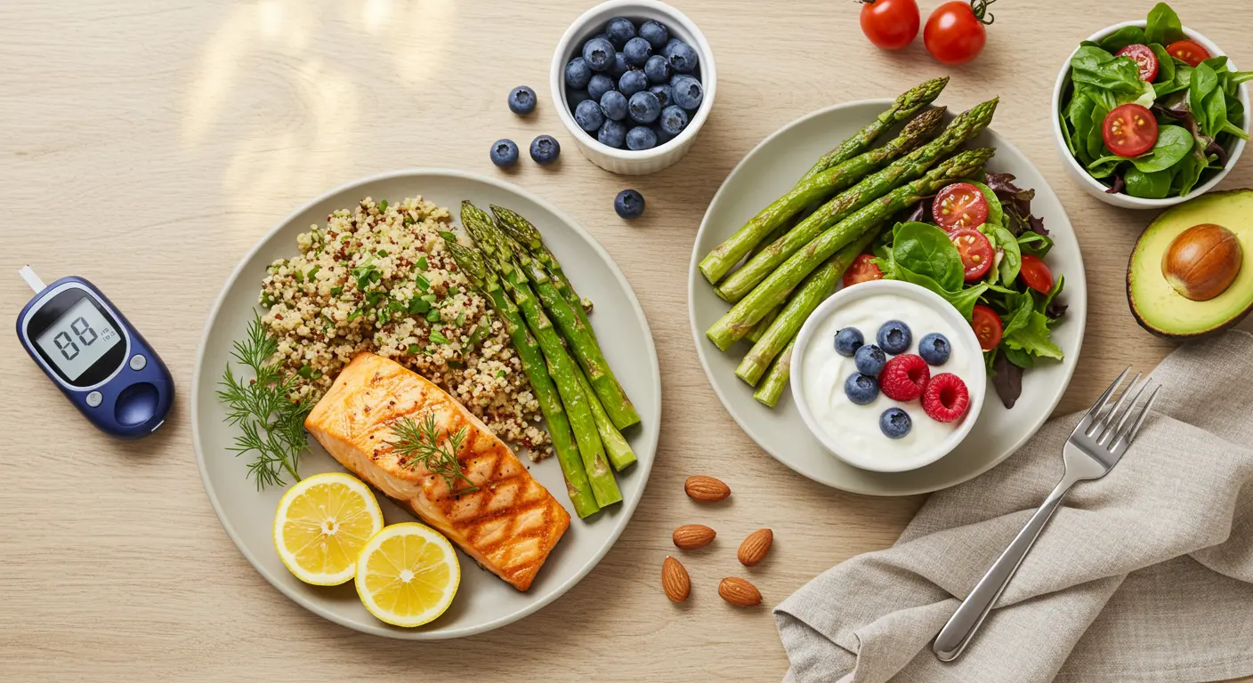 Nutritious gestational diabetes to Recipes to Stabilize Blood Sugar meal with grilled salmon, quinoa, asparagus, yogurt with berries, and salad arranged on a rustic table. Includes diabetes management items like a glucose monitor and fresh avocado for healthy fats.