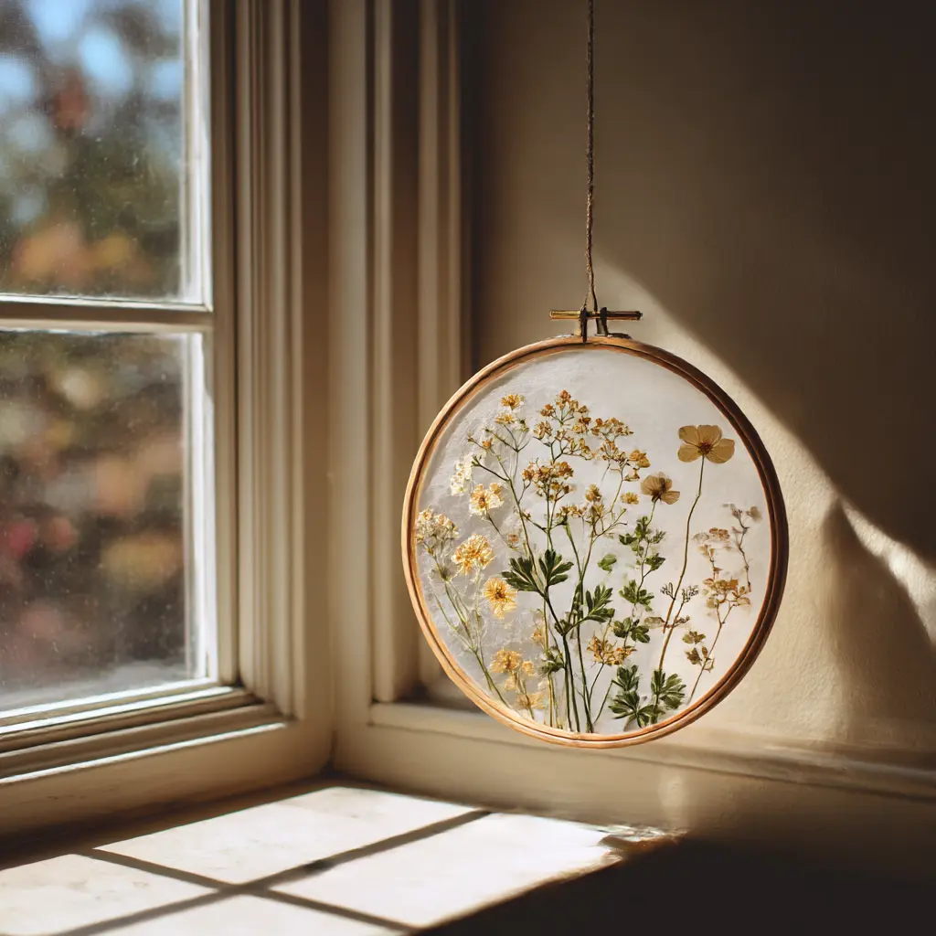 Nature-inspired pressed flower craft hanging from a ribbon in a bright room