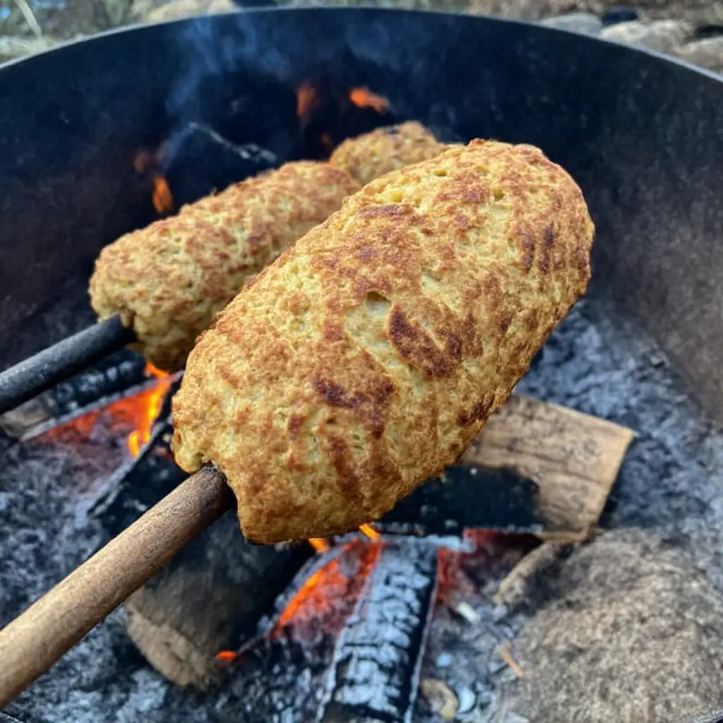 Homemade bannock wrapped on stick over flames